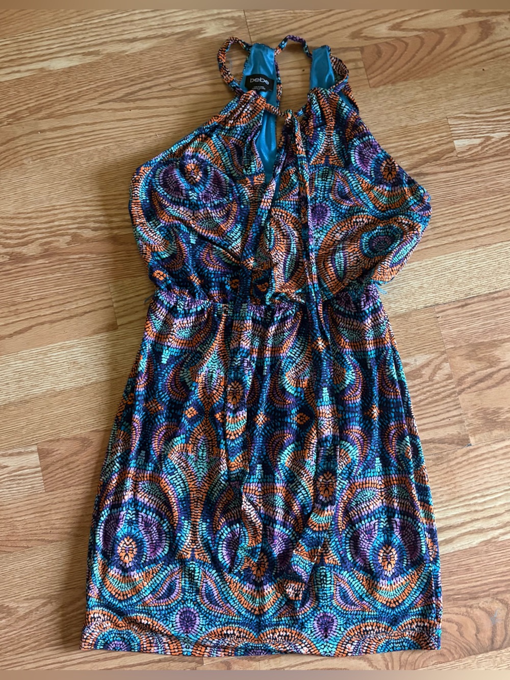 bebe Teal, Orange & Purple Halter Mini Dress